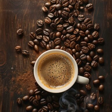 A cup of coffee surrounded by coffee beans